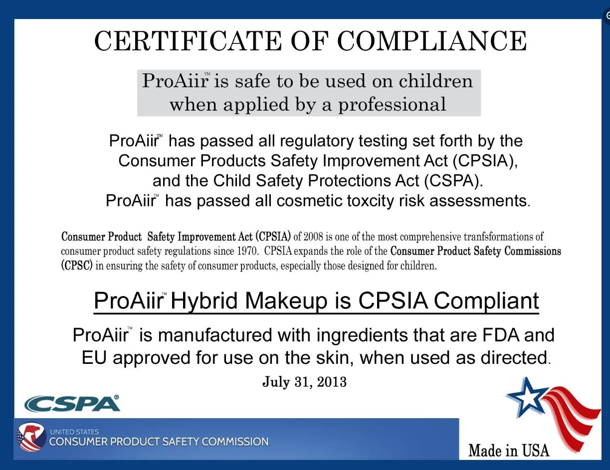 ProAiir Hybrid Makeup Certificate of Compliance