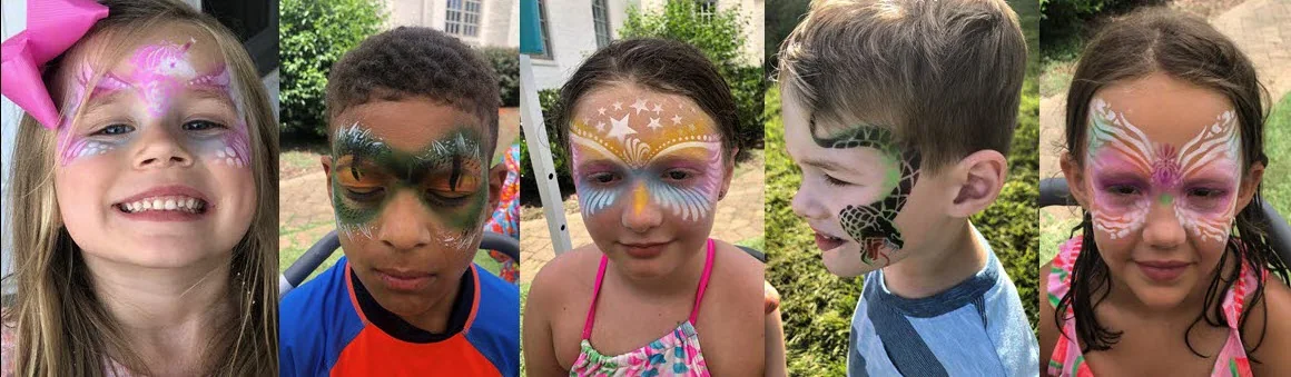 A row of colorful face-painting designs